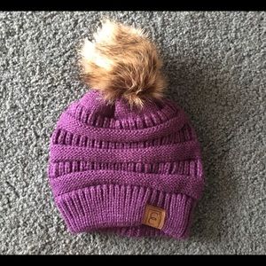 Purple Knit Beanie with Faux Fur